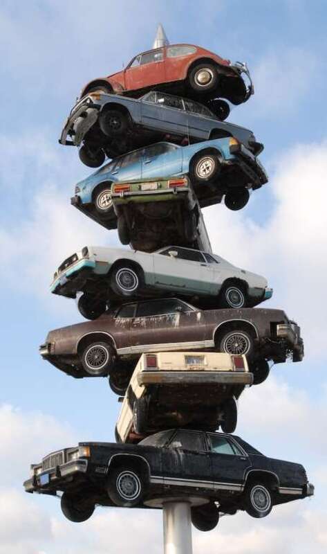 Artist Dustin Shuler's &quot;Spindle&quot; located in the parking lot of a Berwyn, IL strip mall in the Western suburbs of Chicago.