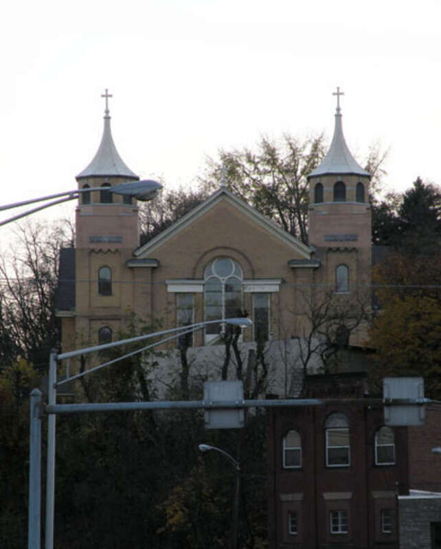 Picture of St. Nicholas Croatian Church at 24 Maryland Avenue in Millvale, Pennsylvania, on November 7, 2009.  The church was built in 1900, and is listed on the National Register of Historic Places.  Architect: Frederick C. Sauer (1860–1942).  The