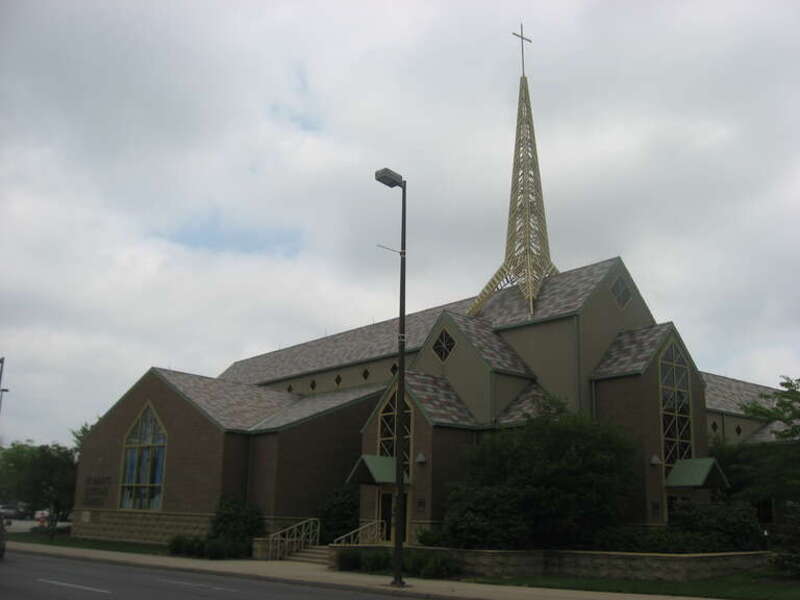 Front of St. Mary's Catholic Church, located at 1101 S. Lafayette Street (U.S. Route 27) in Fort Wayne, Indiana, United States.  Built in 1998, it sits on the site of two former St. Mary's Churches, which were built in 1886 and 1858.  The later of