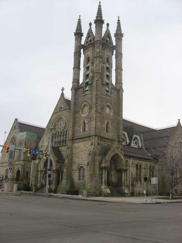Exterior of St. Paul's Episcopal Church, located at 4120 Euclid Avenue in Cleveland, Ohio, United States.  Built in 1876, the church is listed on the National Register of Historic Places.