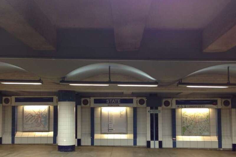 Subway maps at the State station on the MBTA Blue Line.