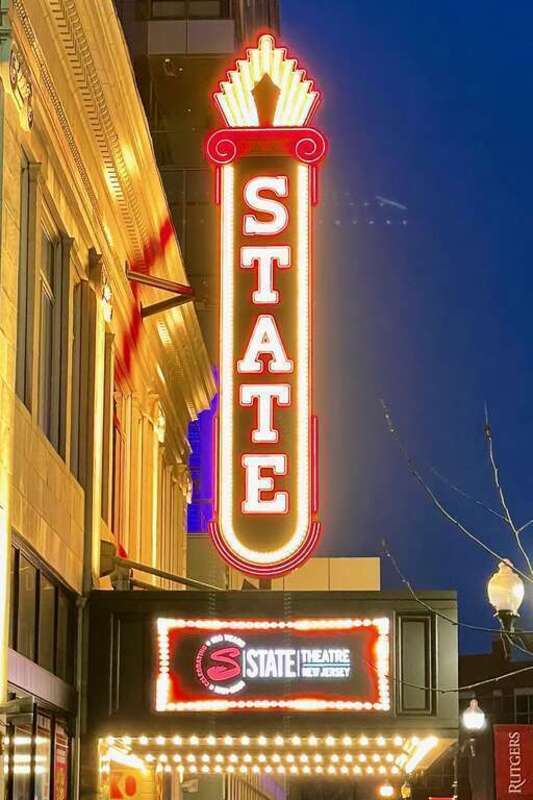 Nighttime view of the new marquee at the State Theatre New Jersey in New Brunswick, New Jersey.