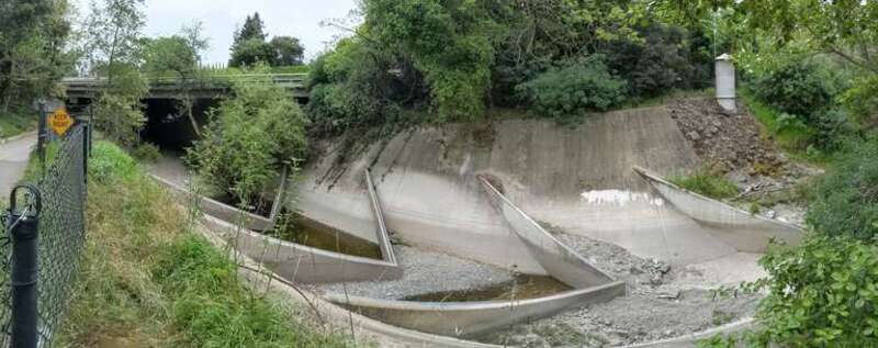 Stevens Creek in Mountain View, California, just above where it crosses under California state route 85, showing fish-passage baffles