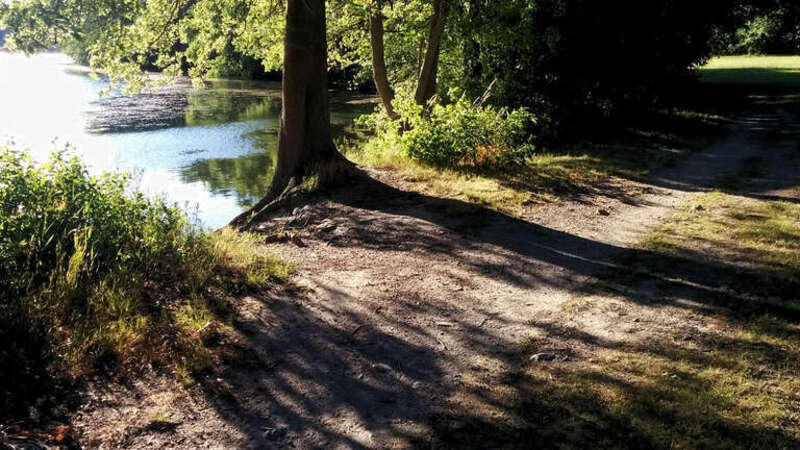 The first bend of Mystic River after it emerges from Lower Mystic Lake.