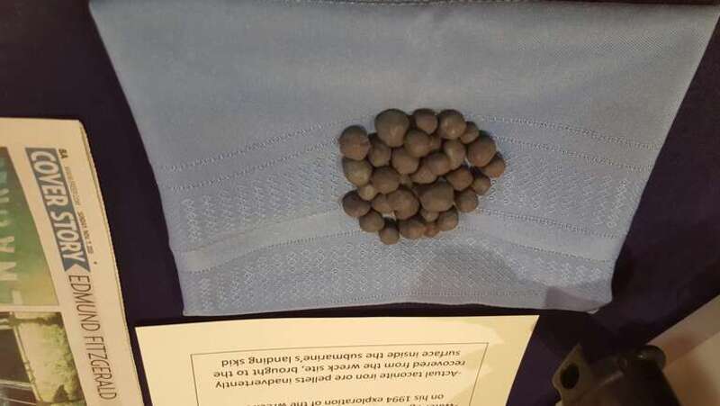 Taconite (iron ore pellets) accidentally removed from the Edmund Fitzgerald wreck by a submersible.  At Frankenmuth, Michigan Historical Museum