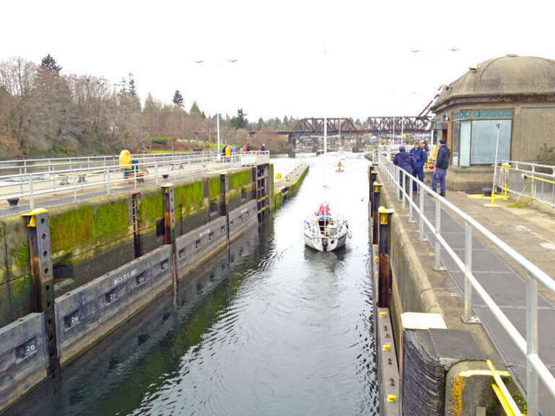 The Hiram M Chittenden Locks aka Ballard Locks and Salmon Ladder, near Seattle, Washington - looking west in the secondary lock