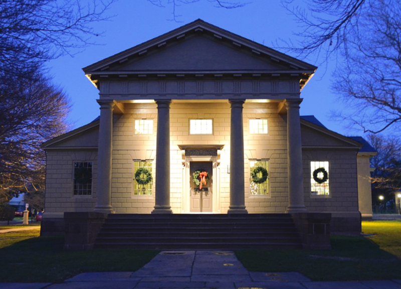 The Redwood Library and Athenaeum, in Newport, Rhode Island, at night
