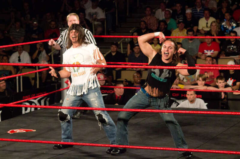 The Young Bucks Taunt prior to a tag team Street Fight at Showdown in the Sun Night 2 on March 31, 2012.
