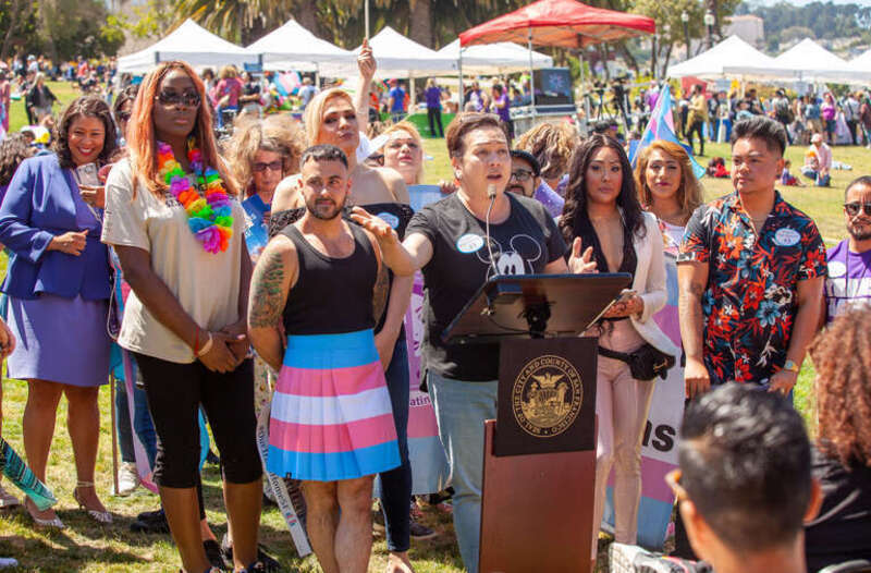 Nikki Calma, also known as Tita Aida, speaks at a press conference at the 2019 San Francisco Trans March.