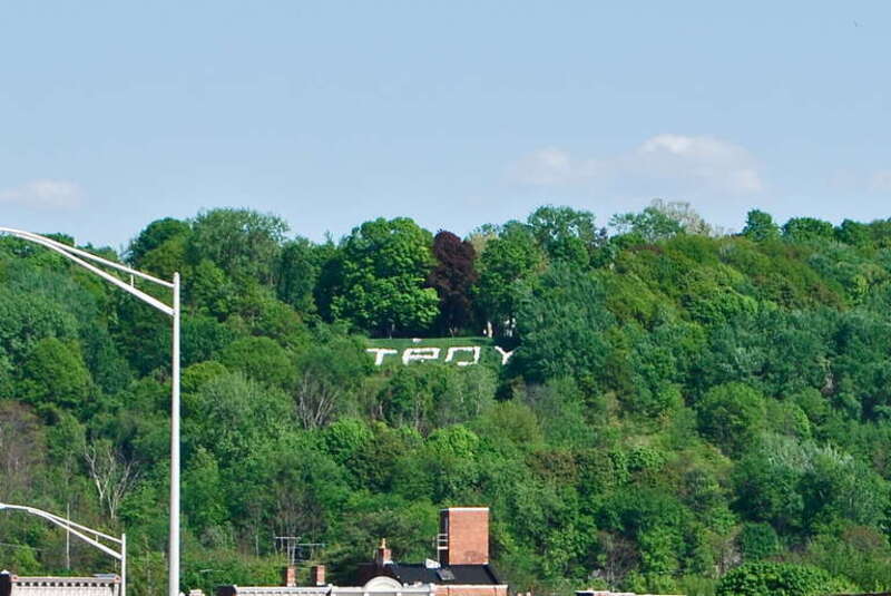 &quot;Troy&quot; spelled out in large, white, concrete blocks in Prospect Park in Troy, New York, United States