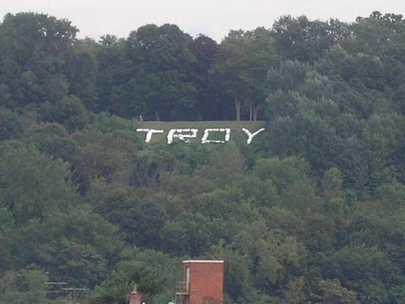 "Troy" spelled out in large, white, stone blocks in Prospect Park in Troy, New York