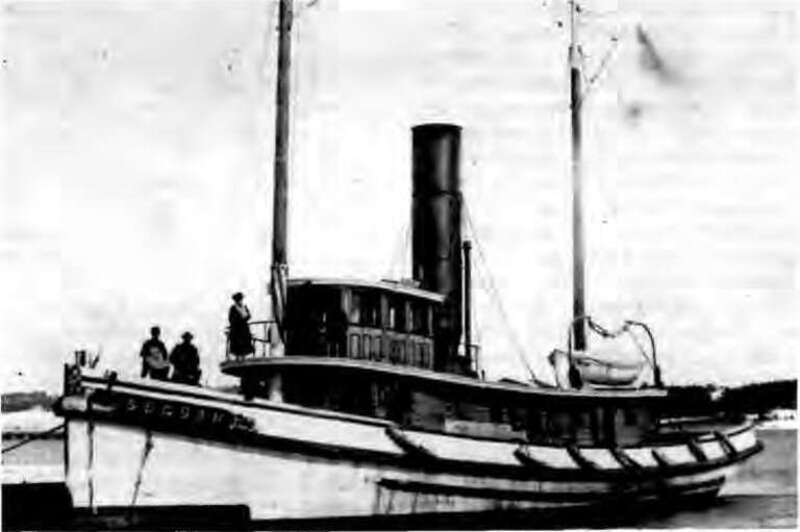Tugboat SEGUIN in 1885; her few surviving parts are in storage ath the Maine Maritime Museum in Bath, Maine.