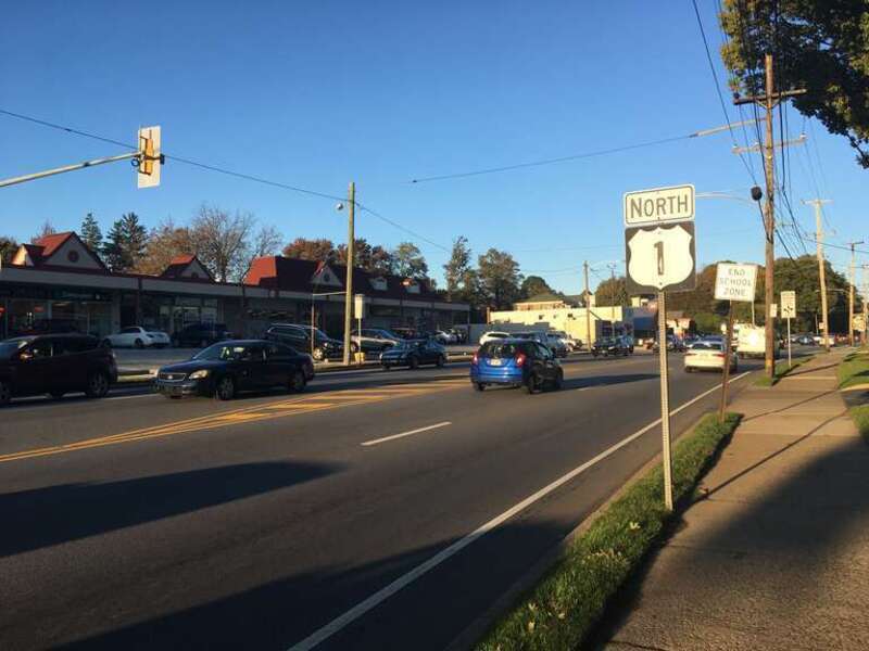 Northbound U.S. Route 1 (Township Line Road) past the intersection with Burmont Road in Drexel Hill, Pennsylvania