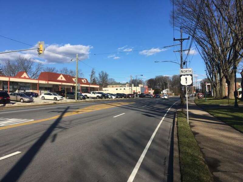 Northbound U.S. Route 1 (Township Line Road) past the intersection with Burmont Road in Drexel Hill, Pennsylvania