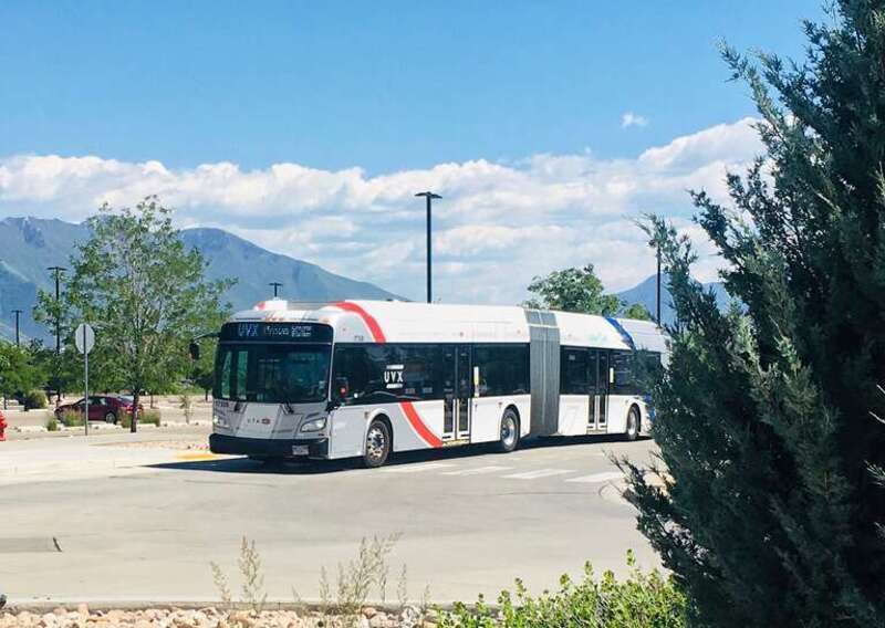 A UTA UVX bus entering Provo Central Station