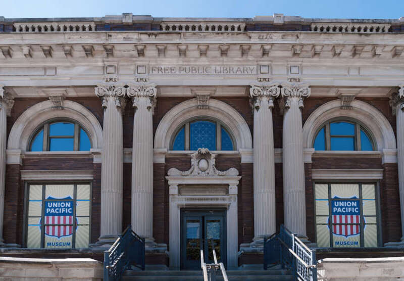 The Union Pacific Railroad Museum at 200 Pearl Street in Council Bluffs, Iowa with a building described as Beaux Arts-style, formerly the Council Bluffs Carnegie Free Public Library.