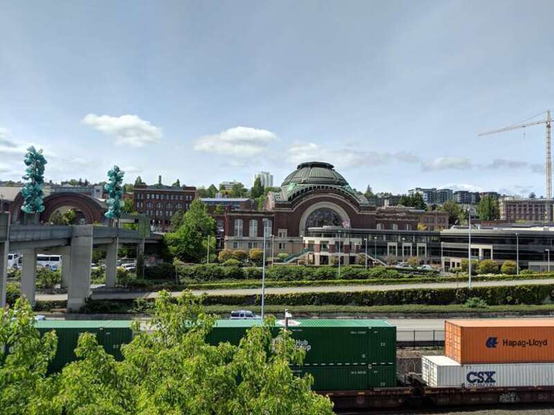 View of the University of Washington Tacoma campus and Bridge of Glass from the Museum of Glass
