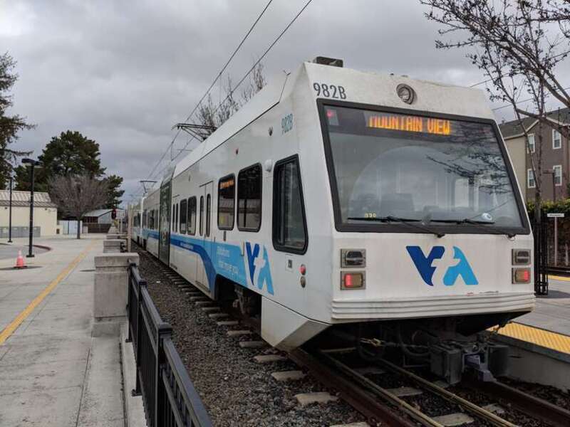 Santa Clara Valley Transportation Authority light rail vehicle built Kinki Sharyo at Winchester station in Campbell, California.