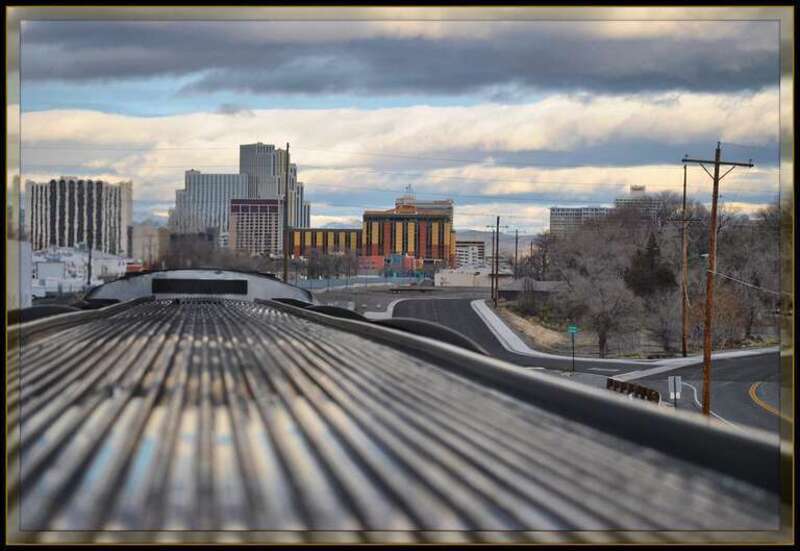 view from the front carriage on the Eastbound California Zephyr as it approaches Reno