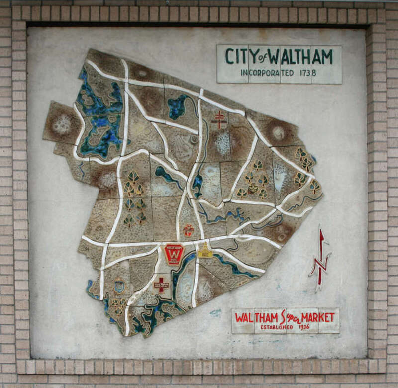 Map of Waltham on the original Waltham Supermarket building (now Hannaford).