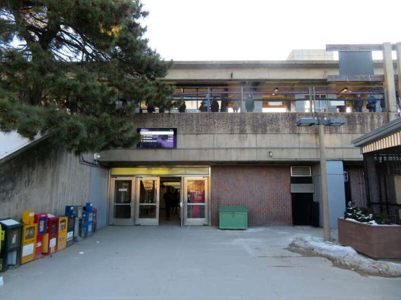 The west entrance to Malden Center station in December 2019