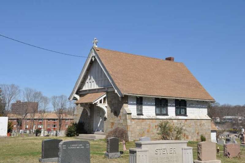 The chapel in the Weymouth Village Cemetery, a contributing property to the Front Street Historic District of Weymouth, Massachusetts.