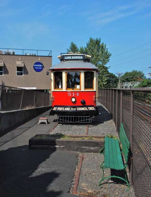 Willamette Shore Trolley car No. 514 having just arrived at the Lake Oswego terminus, on August 16, 2014, the first day of service for this type of streetcar on the Willamette Shore line. Car 514 is a 1991-built replica of a Portland "Council Crest"