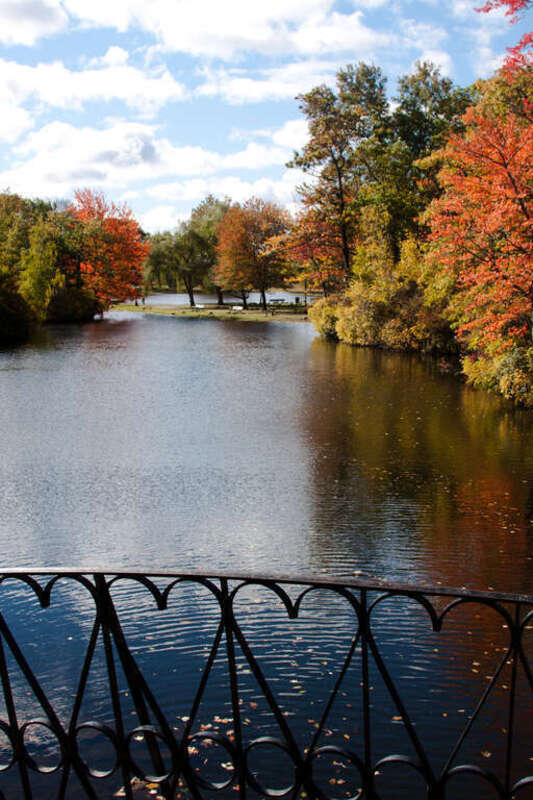 A view looking south at the pond of Worcester, Massachusetts' Elm Park from the &quot;Iron Bridge.&quot;