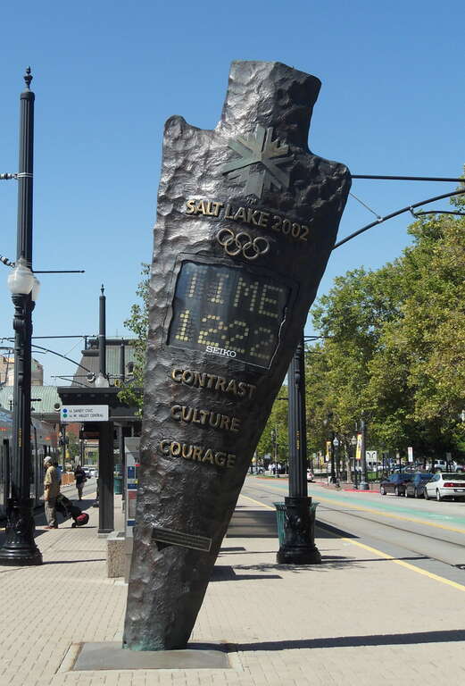 The official 2002 Winter Olympics Countdown Clock in downtown Salt Lake City. The clock sits on the northern end of the Arena UTA TRAX station. The clock was unveiled on May 15, 1999, and counted down from 1,000 days until the start of the 2002