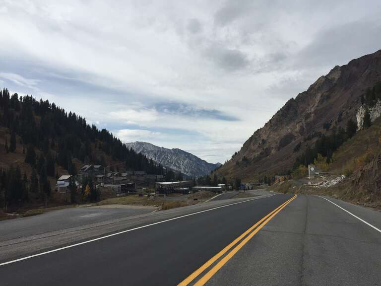 View west along Little Cottonwood Canyon Road (Utah State Route 210) about 11.8 miles southeast of the intersection with Big Cottonwood Canyon Road (Utah State Route 190) in Salt Lake County, Utah