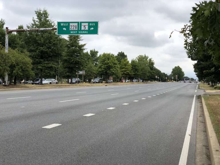 View north along U.S. Route 301 (Robert Crain Highway) just south of Maryland State Route 5 Business and Maryland State Route 228 in Waldorf, Charles County, Maryland
