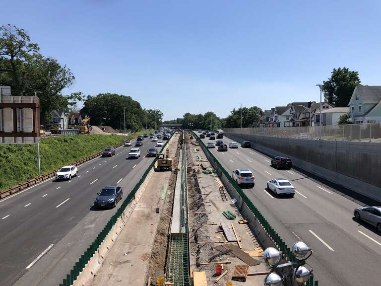 View south along New Jersey State Route 444 (Garden State Parkway) from the overpass for Essex County Route 508 (Central Avenue) in East Orange, Essex County, New Jersey