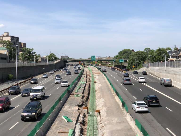 View north along New Jersey State Route 444 (Garden State Parkway) from the overpass for Essex County Route 508 (Central Avenue) in East Orange, Essex County, New Jersey