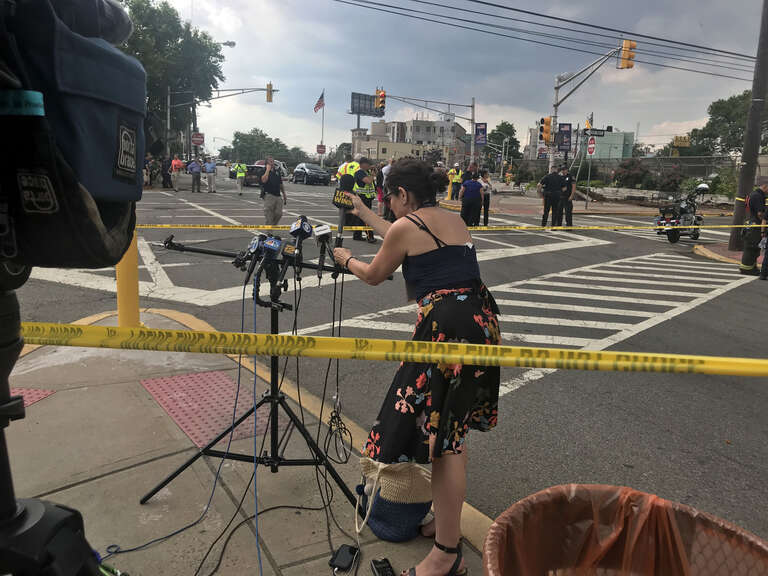Scene of a July 3, 2019 vehicular accident at 30th Street and Palisade Avenue in Union City, New Jersey, where just before 1pm EST, an orange Union City Department of Public Works garbage truck careened across two sidewalks, knocking down a utility