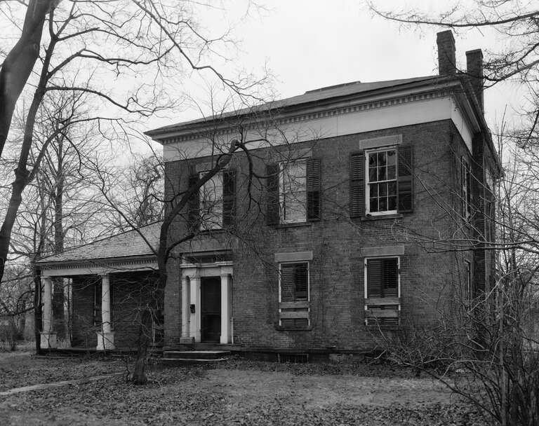 Front of the Alanson Pomeroy House, located at the junction of Pearl Road and Westwood Drive in Strongsville, Ohio, United States.  Built in 1848, it is listed on the National Register of Historic Places.