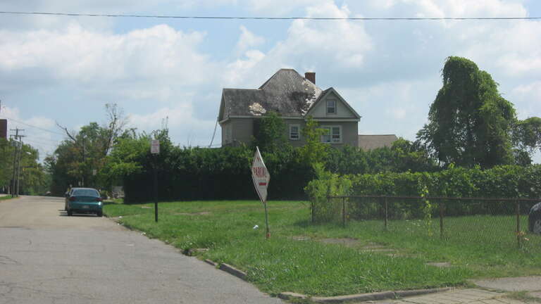 Empty lots and a house on the southern side of the 300 block of Arlington Avenue in Youngstown, Ohio, United States.  The house is part of the Arlington Avenue Historic District, a historic district that is listed on the National Register of Historic