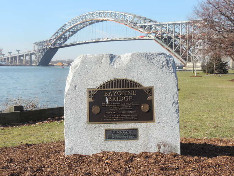 Bayonne Bridge marker in Collins Park, on stone left over from previous work.