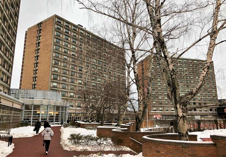 Sleeper and Rich Halls, part of Boston University's West Campus dormitories, located at 275 and 277 Babcock Street in Boston, Massachusetts. The edge of the third West Campus dorm, Claflin Hall, can be seen on the left.