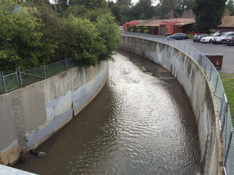 A channelized stretch of Branciforte Creek just before joining up with the San Lorenzo River in downtown Santa Cruz, California.