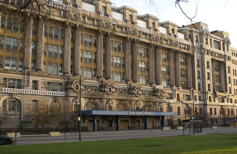 Front entrance of the old Cook County Hospital.