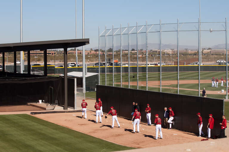 Arizona Diamondbacks pitchers Daniel Stange, J. J. Putz, Kevin Mulvey, Daniel Hudson and Sam Demel throw bullpen sessions during spring training in February 2011.