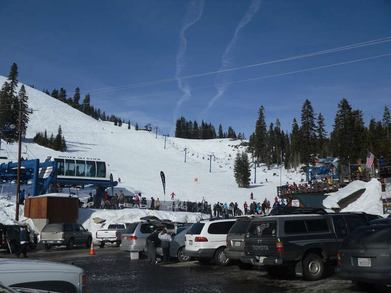 A view showing one lift of Donner Ski Ranch from the parking lot.