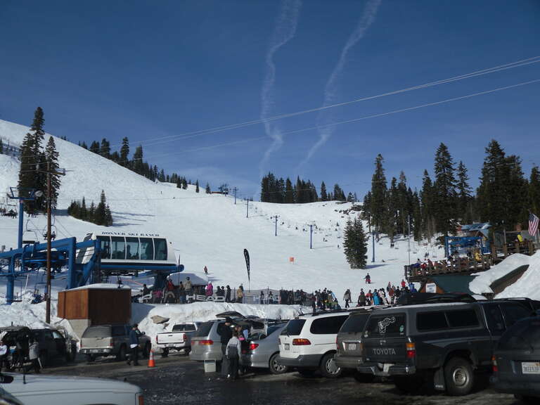 A picture taken of Donner Ski Ranch from the parking lot.
