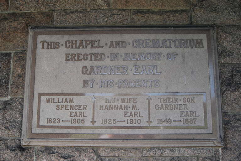 Memorial engravings at the Gardner Earl Memorial Chapel and Crematorium at Oakwood Cemetery in Troy, New York, United States