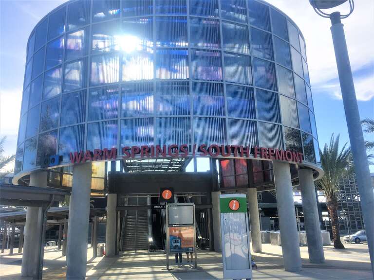 Outside of the entrance structure of BART's Warm Springs/South Fremont station, on the day of opening.