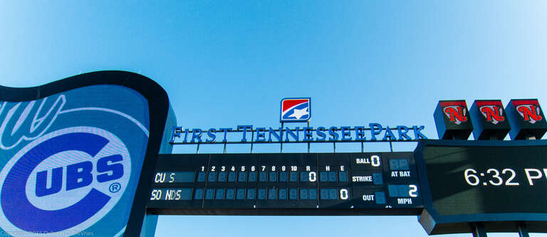 The guitar scoreboard at First Tennessee Park, Nashville Sounds vs the Iowa Cubs on a beautiful July evening.