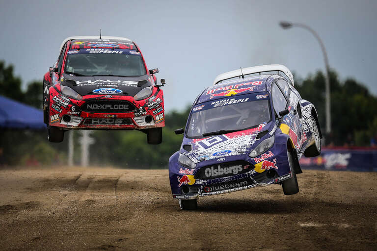 Joni Wiman leads Nelson Piquet, Jr. at Round 4 of the 2014 Global RallyCross Championship at Nassau Veterans Memorial Coliseum, Uniondale, NY.