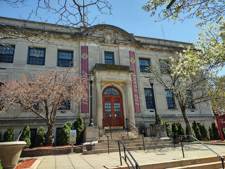 Looking southeast at Town Hall on a sunny midday