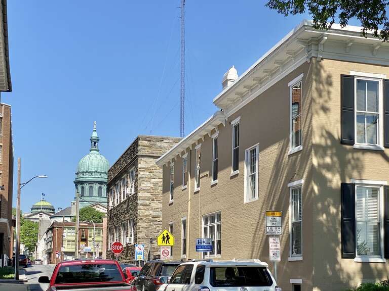 View of St. Patrick Catholic Cathedral (1904-07) and the Pennsylvania State Capitol (1902-06) in the background.  The buildings except for the State Capitol are contributing structures in the Harrisburg Historic District, listed on the National