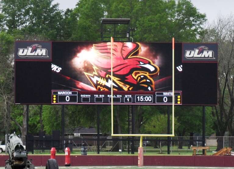High-definition scoreboard at Malone Stadium on the campus of the University of Louisiana at Monroe.